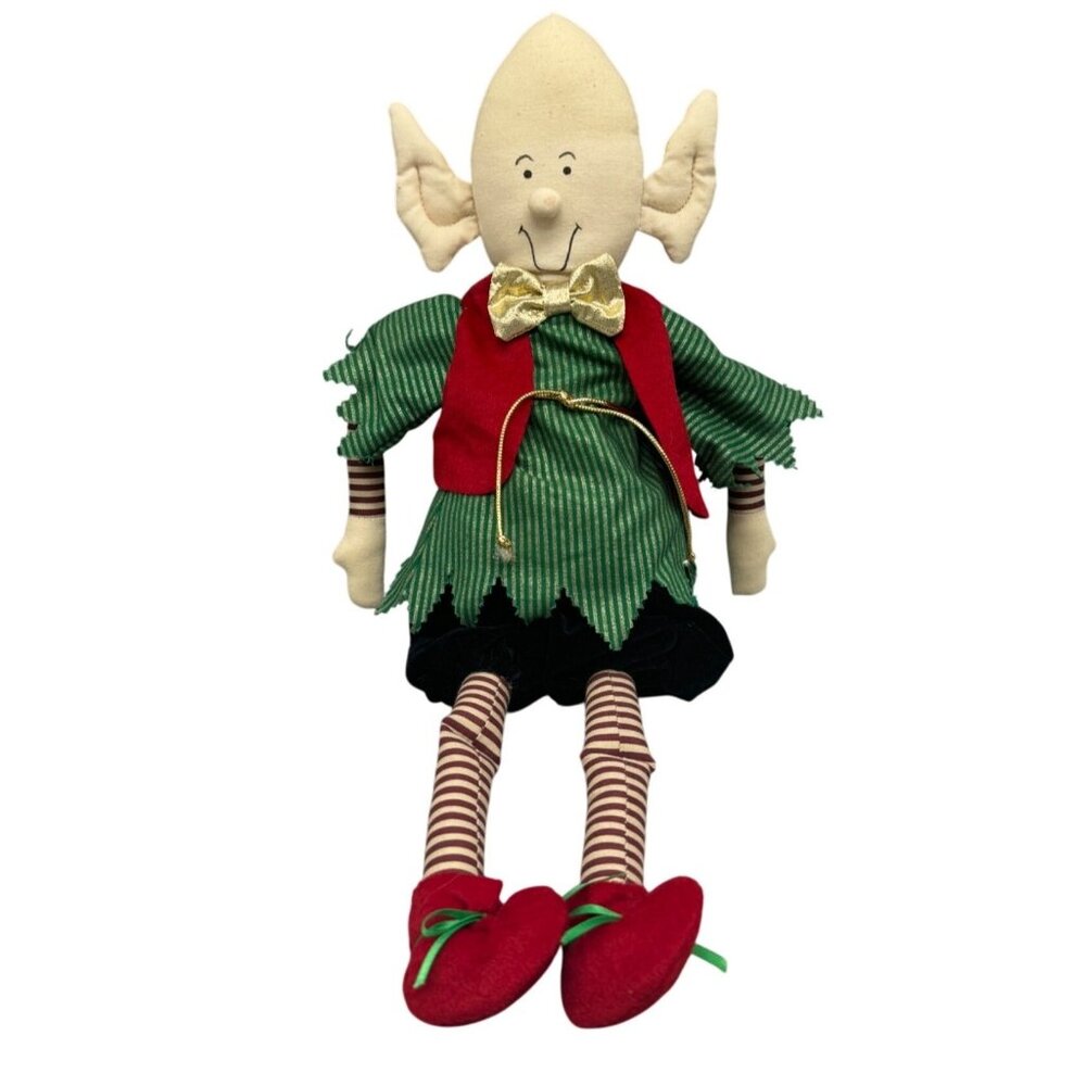Vintage Handmade Elf Doll Red Vest Green Striped Shirt & Gold Bow Striped READ
